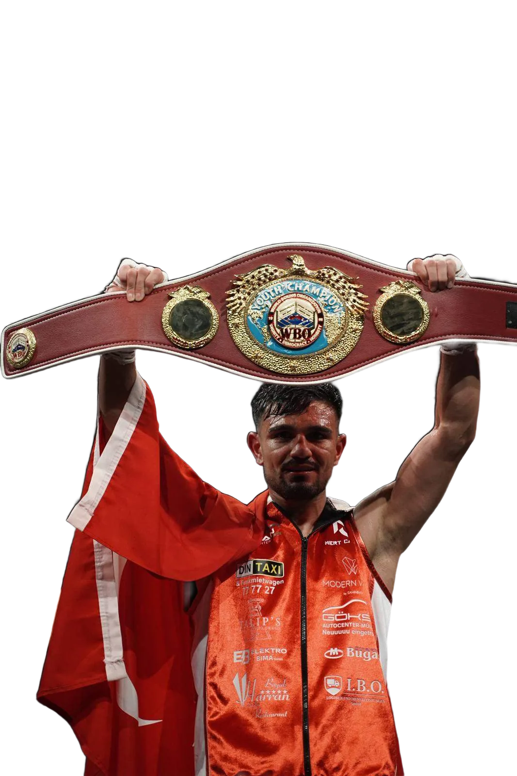 Mert Caliskan with the WBO Youth Championship belt